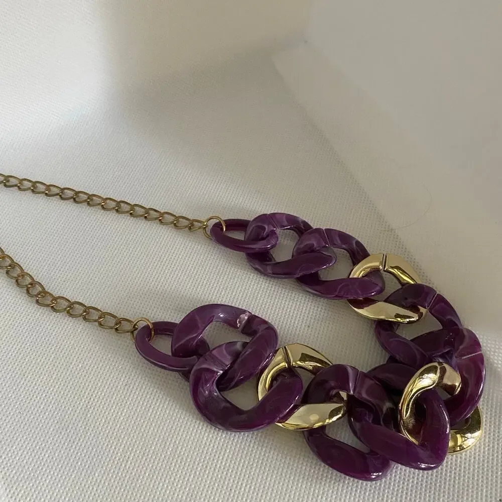 Vintage Purple Chunky Link Statement Necklace Gold Tone 80s–90s Retro Bold